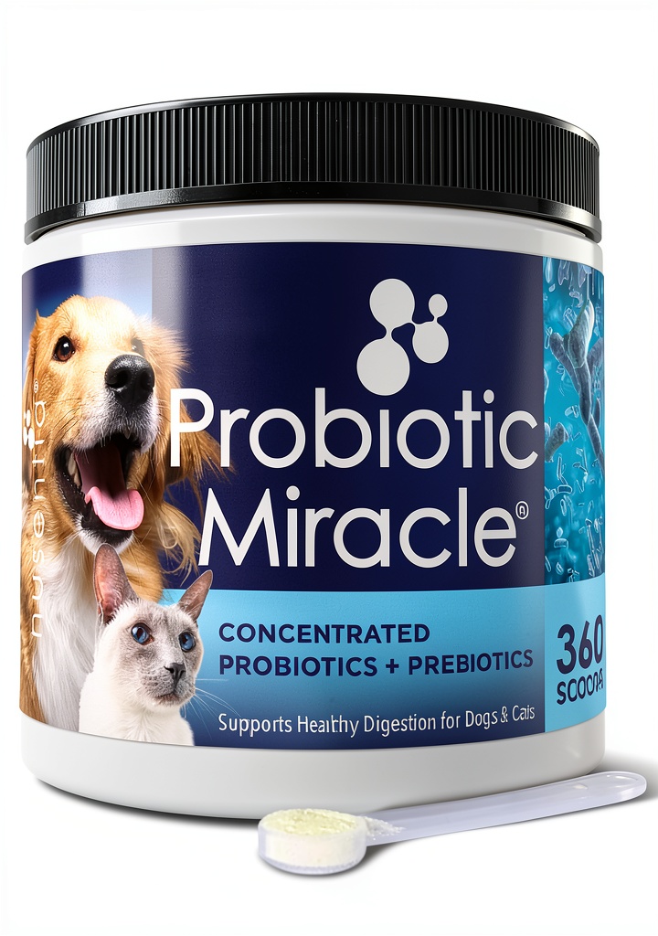Nusentia Probiotic Miracle jar with scoop on a pet-friendly background