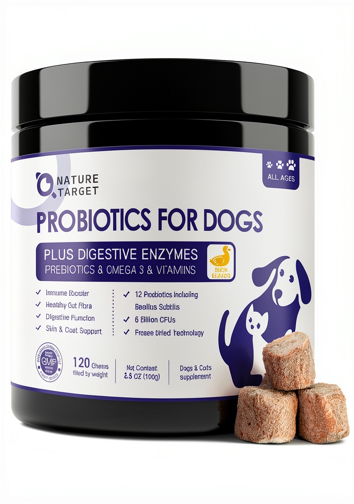 NATURE TARGET Dog Probiotic Chews Freeze Dried Duck Flavor jar opened on kitchen counter with dog in background