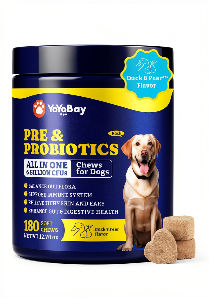 YoYoBay Dog Probiotic Chews bottle with duck and pear flavor displayed on a counter