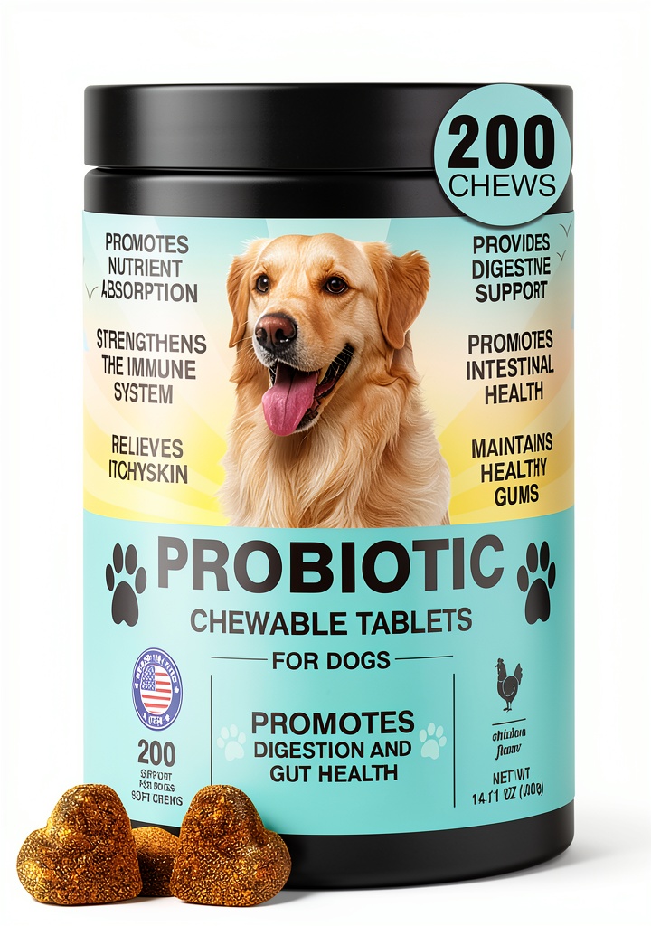 TzzyiC Dog Probiotic Chews package showing tablet size and ingredients