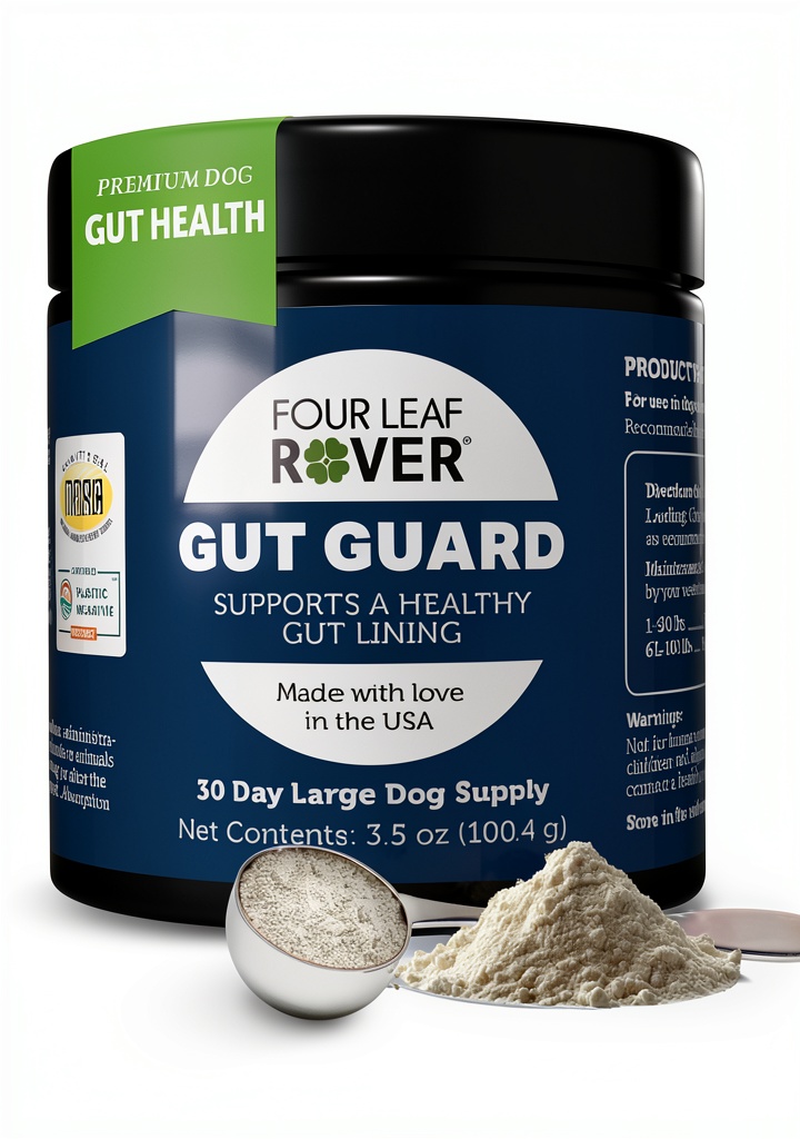 Four Leaf Rover Gut Guard supplement bottle on a clean surface