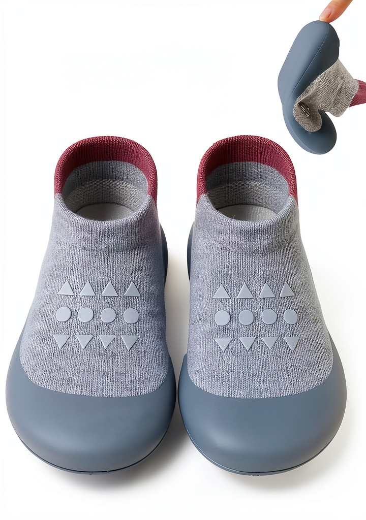 Baby wearing grey sock shoes on a carpeted floor